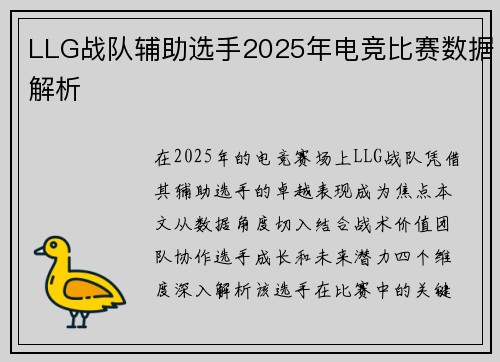 LLG战队辅助选手2025年电竞比赛数据解析
