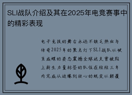 SLI战队介绍及其在2025年电竞赛事中的精彩表现