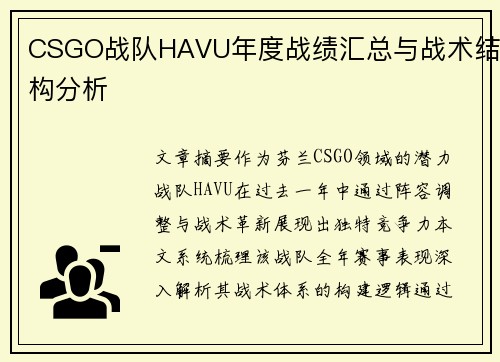 CSGO战队HAVU年度战绩汇总与战术结构分析